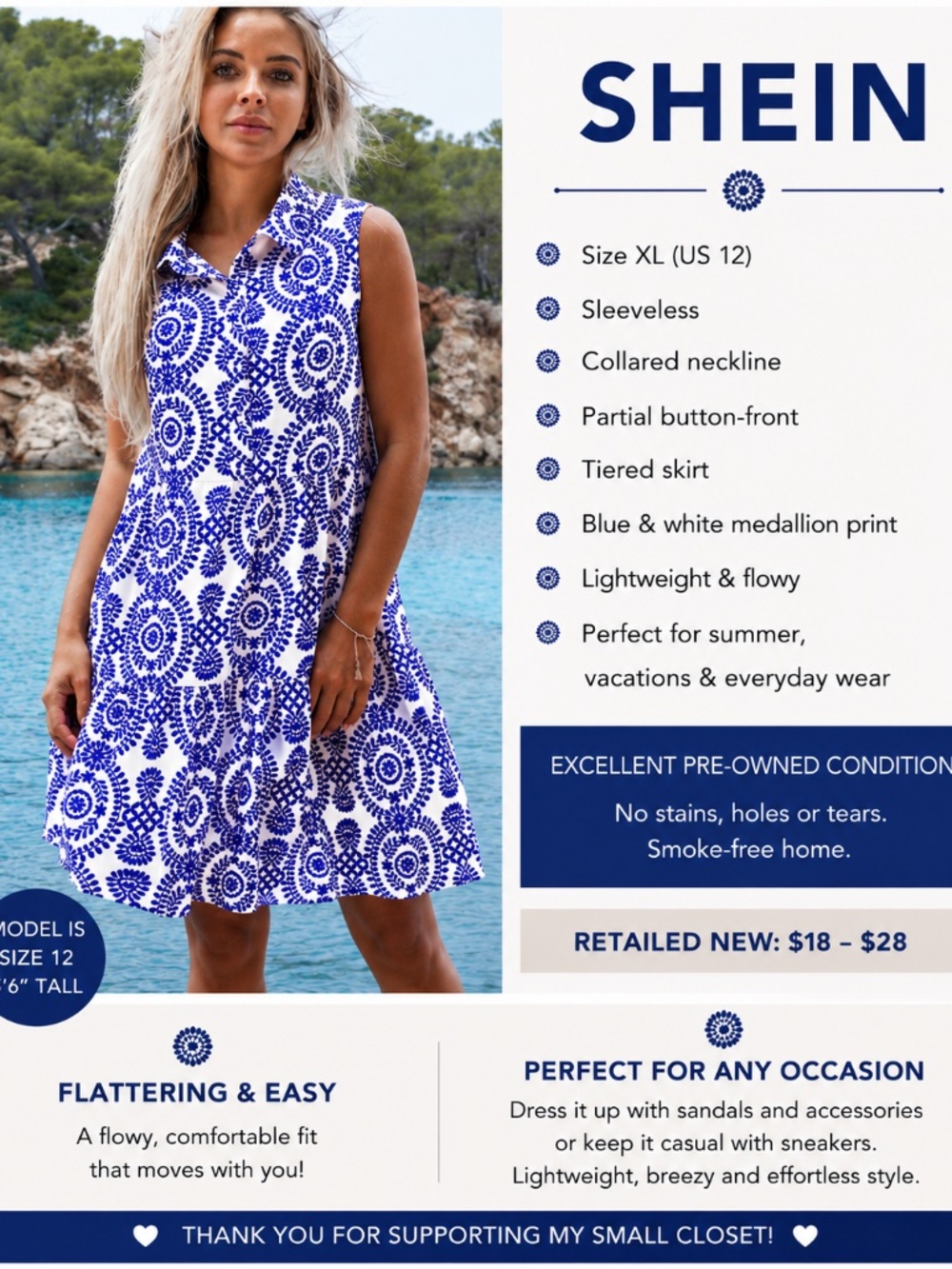 SHEIN XL Blue White Floral Medallion Tiered  Dress Sleeveless Collared